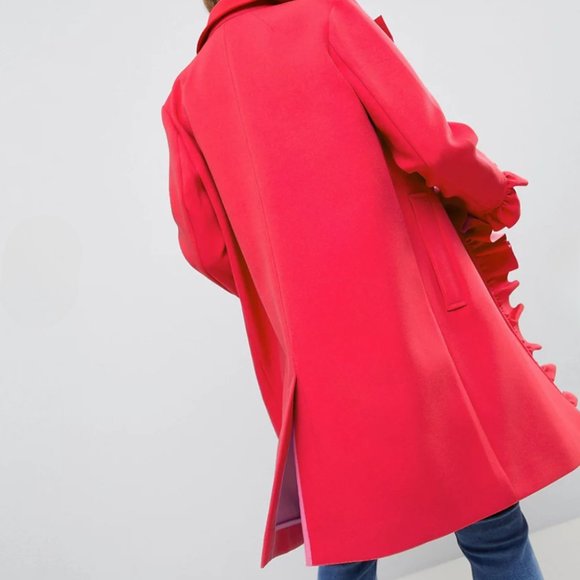ASOS DESIGN Petite Frill Bonded Red Pink Ruffle Double Breasted Trench Coat 6 - Picture 14 of 14